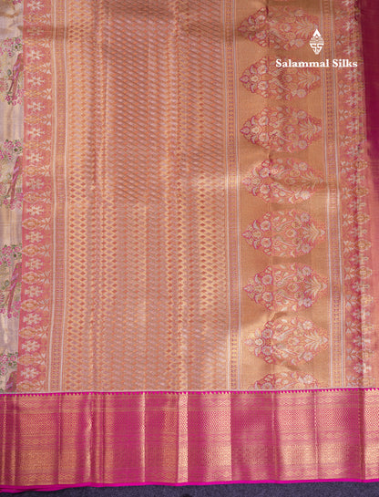 Beautiful Gold Tissue Bridal Pure Kanjivaram Silk Saree With Contrast Pink Traditional Border