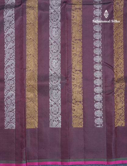 Dark Maroon Gold And Silver Zari Butta Lines Fancy Pure Kanjivaram Silk Saree Without Border