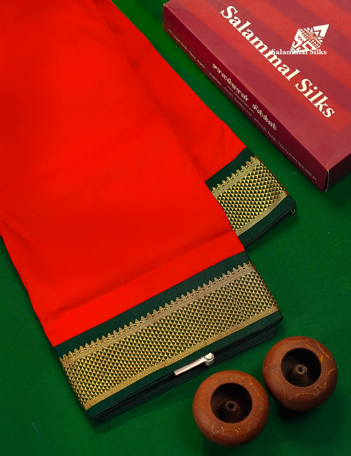 Semi Silk Saree - Chilly Red Colour Body Plain With Contrast Bottle Green Border | 9 Yards