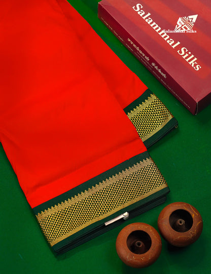 Semi Silk Saree - Chilly Red Colour Body Plain With Contrast Bottle Green Border | 9 Yards