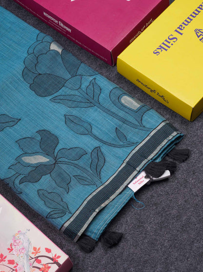 Beautiful Ramar Blue Cotton Mix Saree With Fancy Border