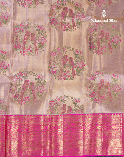 Beautiful Gold Tissue Bridal Pure Kanjivaram Silk Saree With Contrast Pink Traditional Border