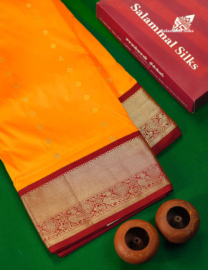 9 Yards Semi Silk Saree Light Orange With Contrast Maroon Border