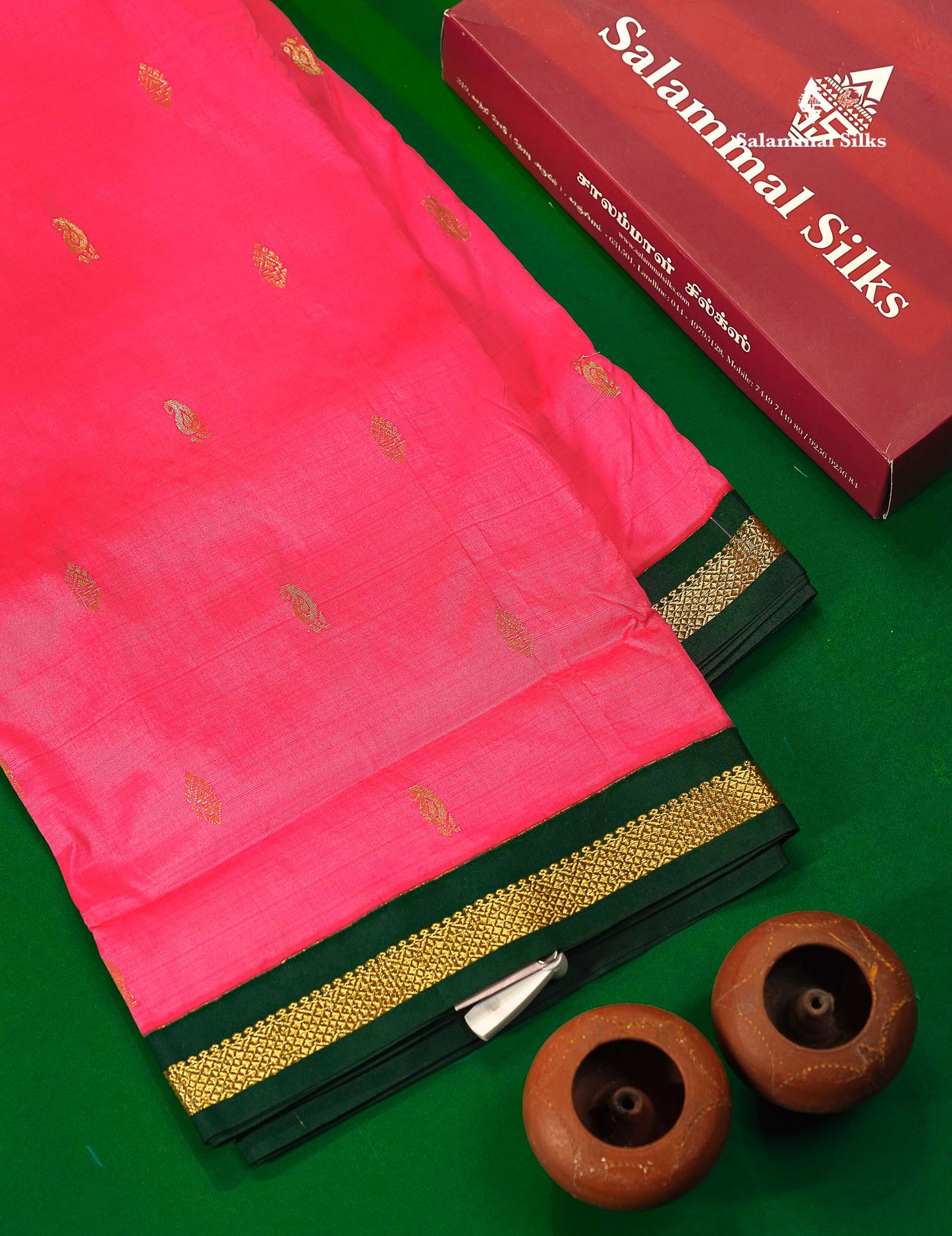 Semi Silk Saree - Pink Colour Body Zari Buttas With Contrast Bottle Green Small Border | 10 Yards