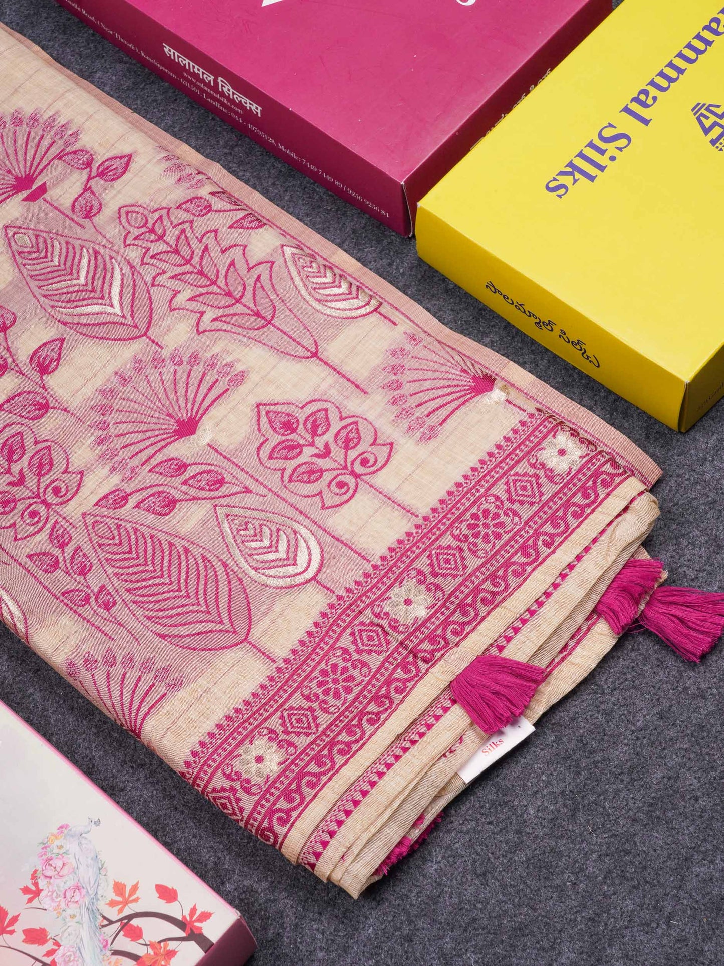 Beautiful Cream Sandal Muga Cotton Saree With Contrast Magenta Fancy Border