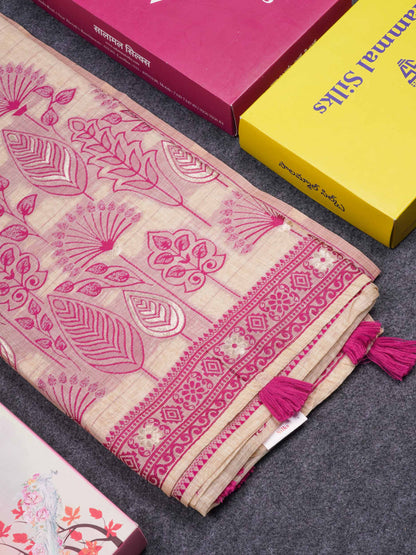 Beautiful Cream Sandal Muga Cotton Saree With Contrast Magenta Fancy Border