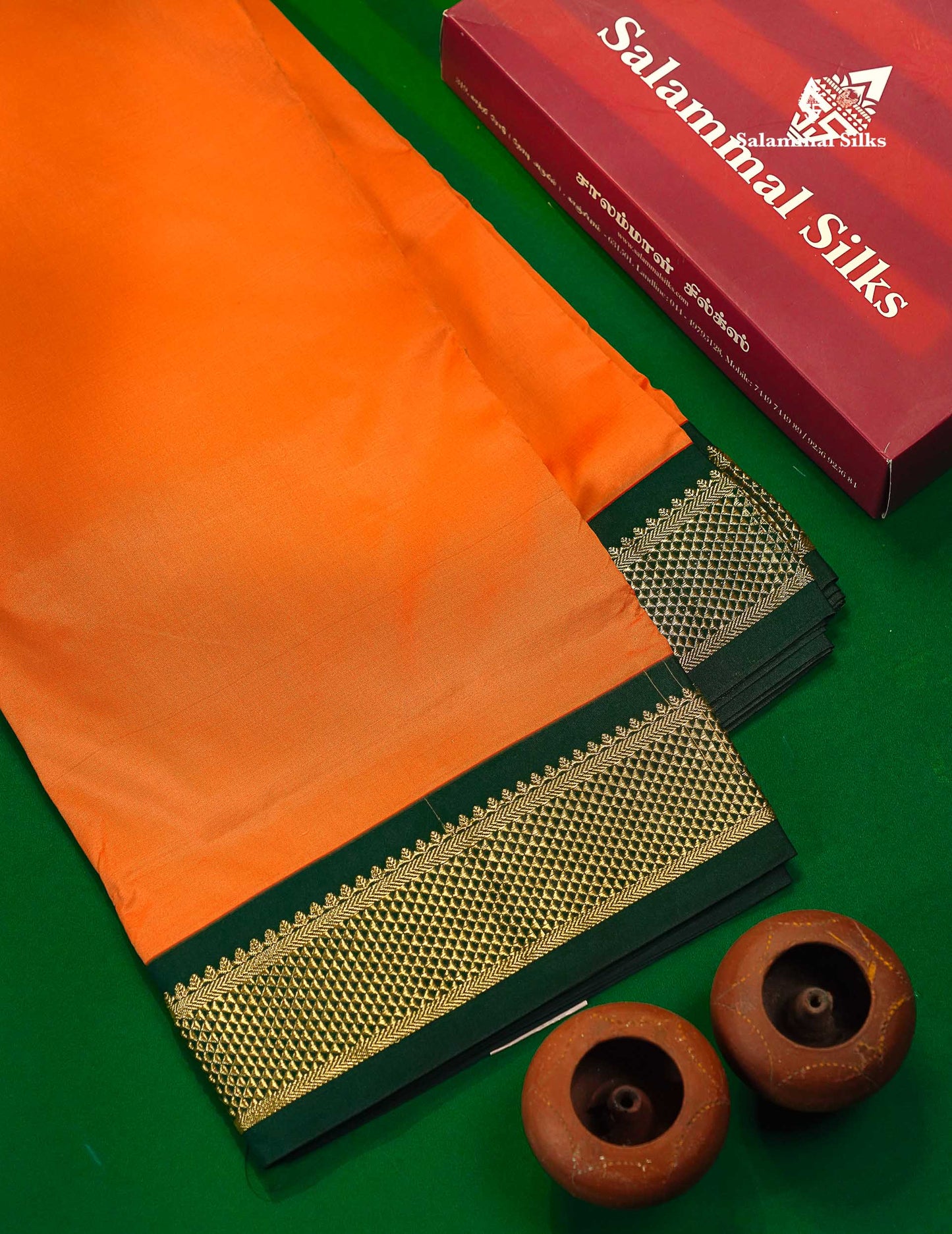 Semi Silk Saree - Orange Colour Body Plain With Contrast Bottle Green Border | 9 Yards