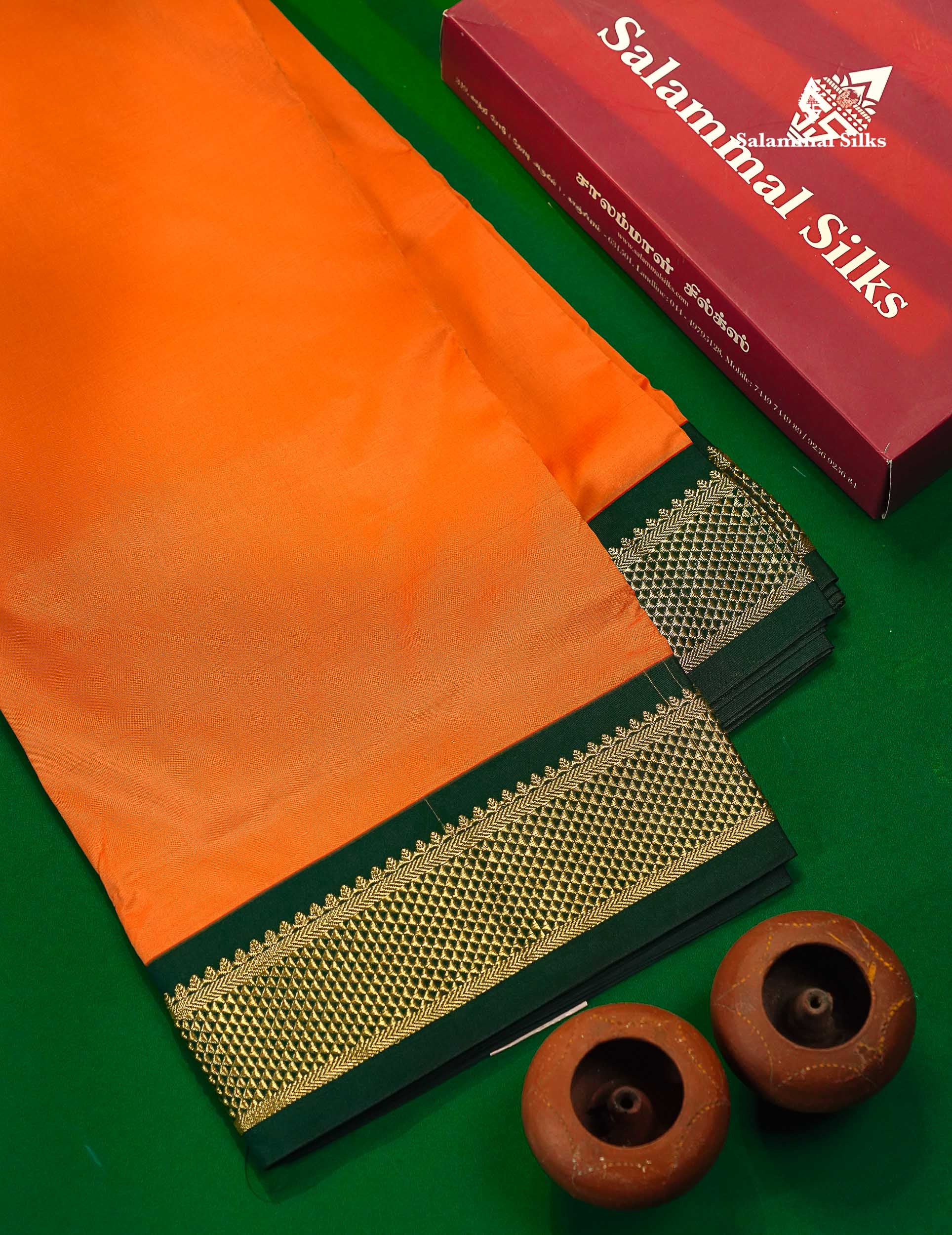 Semi Silk Saree - Orange Colour Body Plain With Contrast Bottle Green Border | 9 Yards