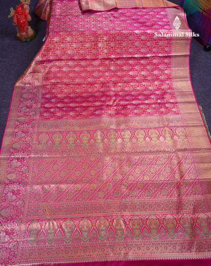 Beautiful Pink Menakari Work Bridal Pure Kanjivaram Silk Saree With Fancy Evening Morning Border