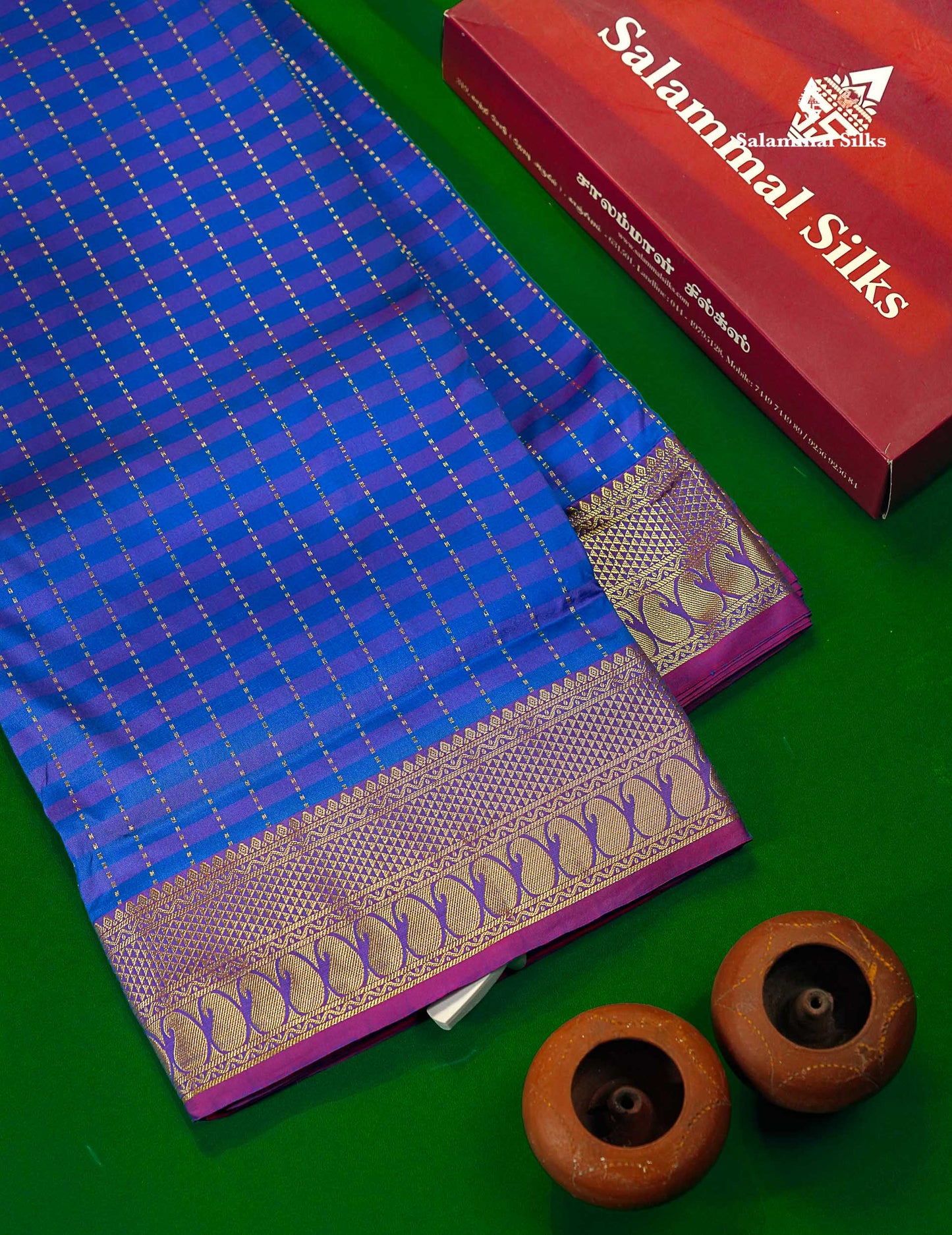 9 Yards Semi Silk Saree Blue & Violet with Purple Border