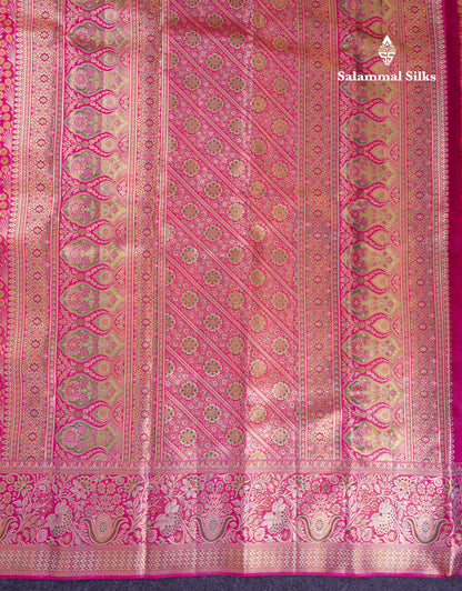 Beautiful Pink Menakari Work Bridal Pure Kanjivaram Silk Saree With Fancy Evening Morning Border