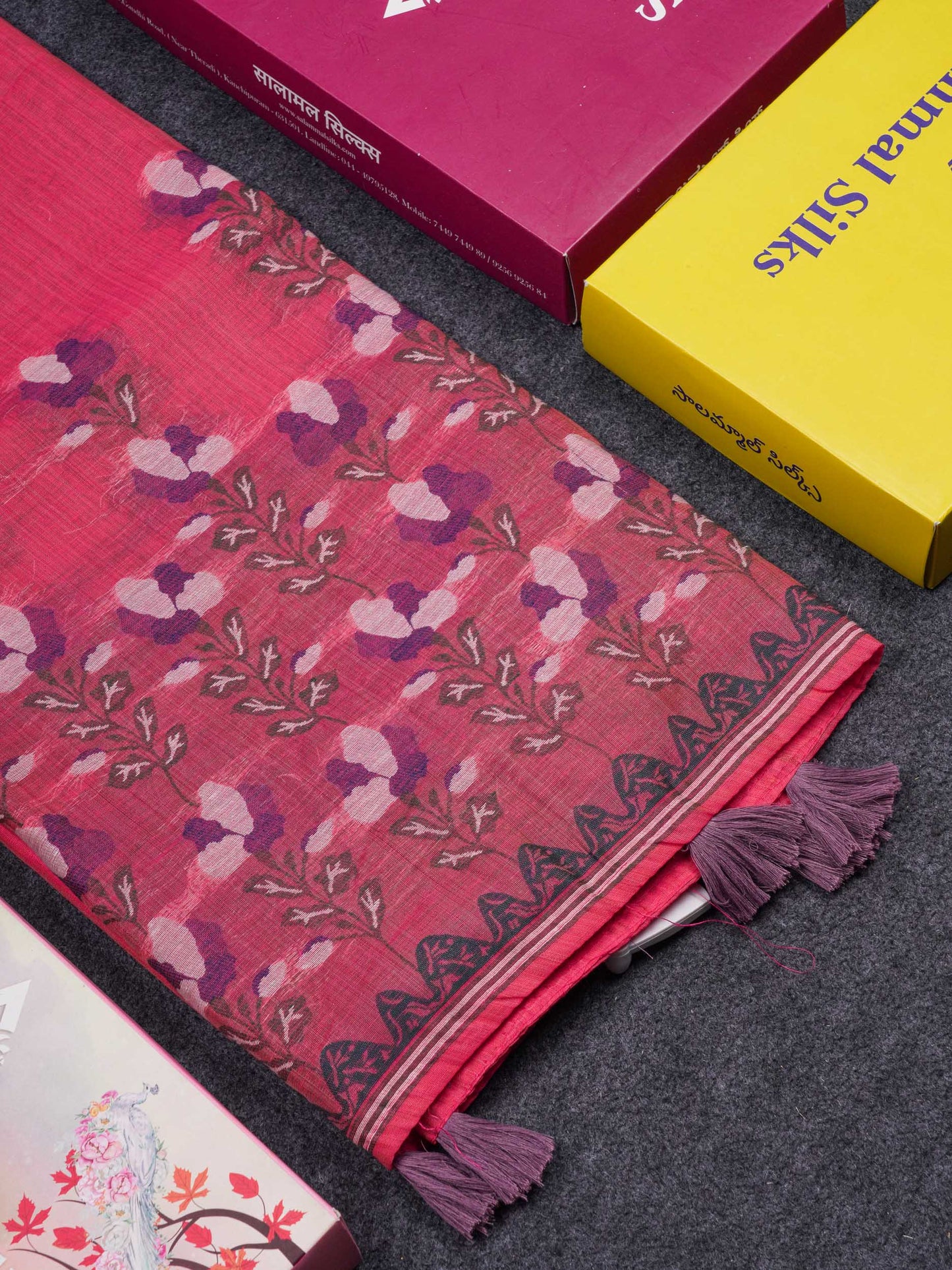 Beautiful Lavender Thread Work Butta Cotton Mix Saree With Contrast Magenta Blouse