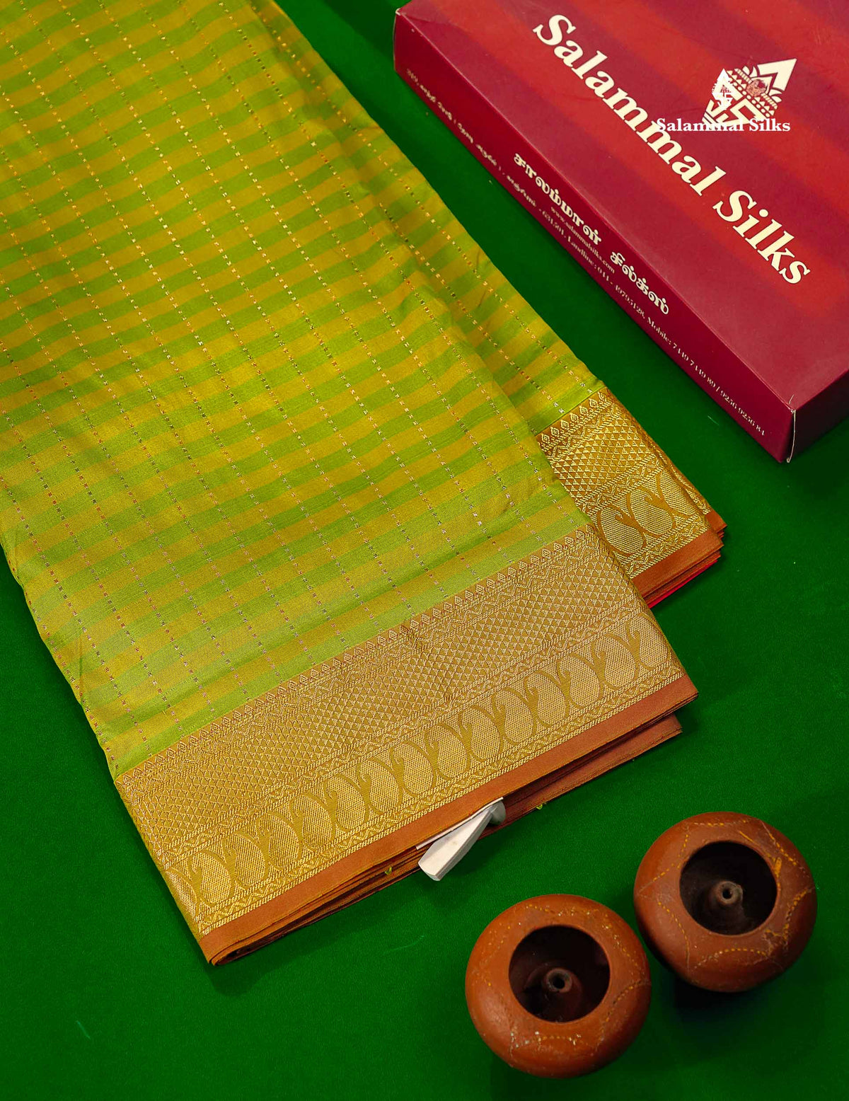 9 Yards Semi Silk Saree Light Green & Parrot Green with Light Onion Pink Border