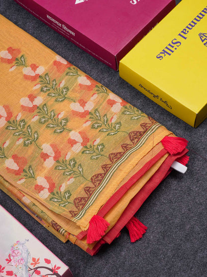 Beautiful Mustard Yellow Menakari Work Thread Butta Cotton Mix Saree With Contrast Maroon Blouse