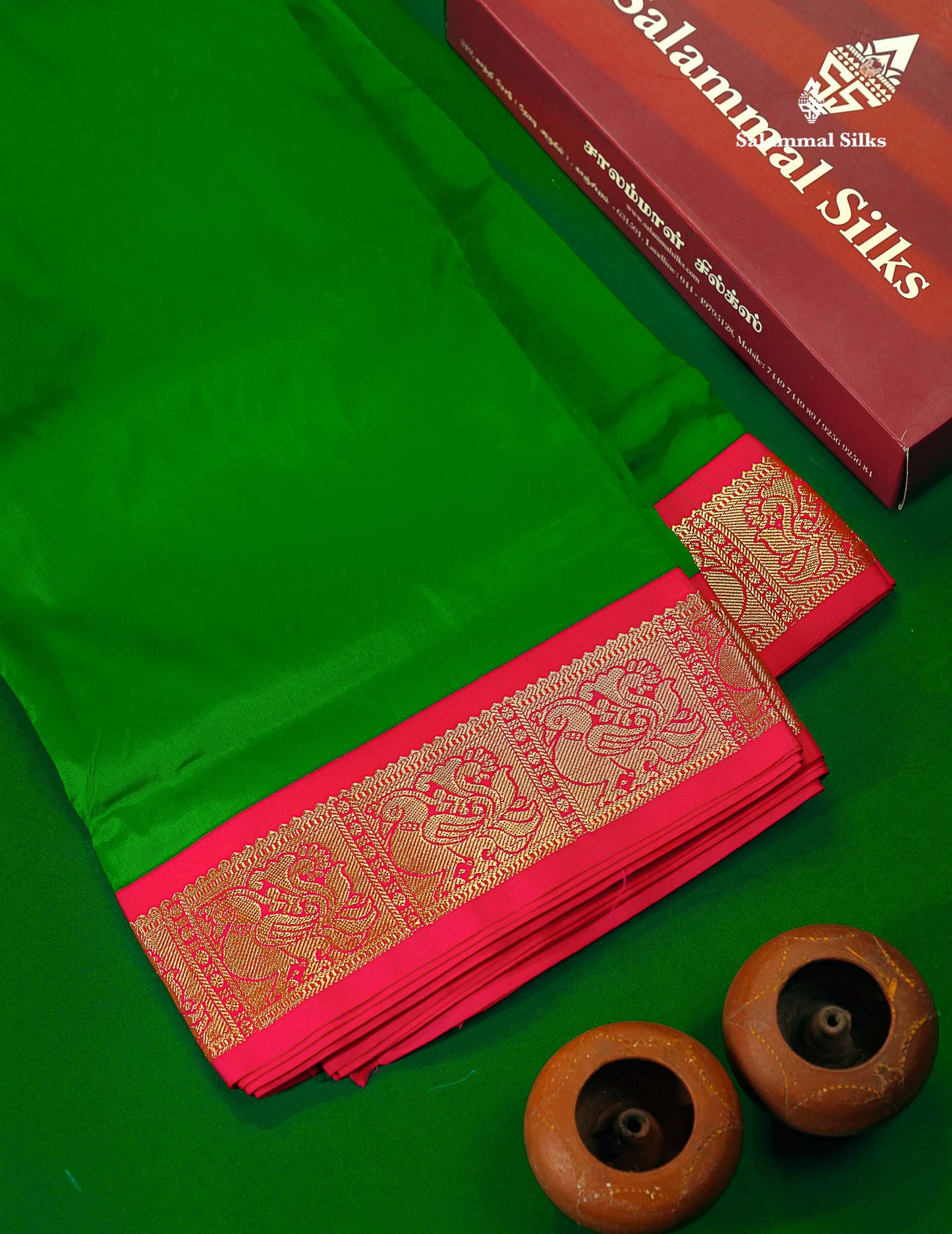 9.5 Yards Semi Silk Saree Bottle Green with Contrast Pink Border