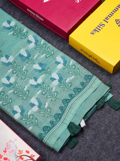 Beautiful Lavender Thread Work Butta Cotton Mix Saree With Contrast Magenta Blouse
