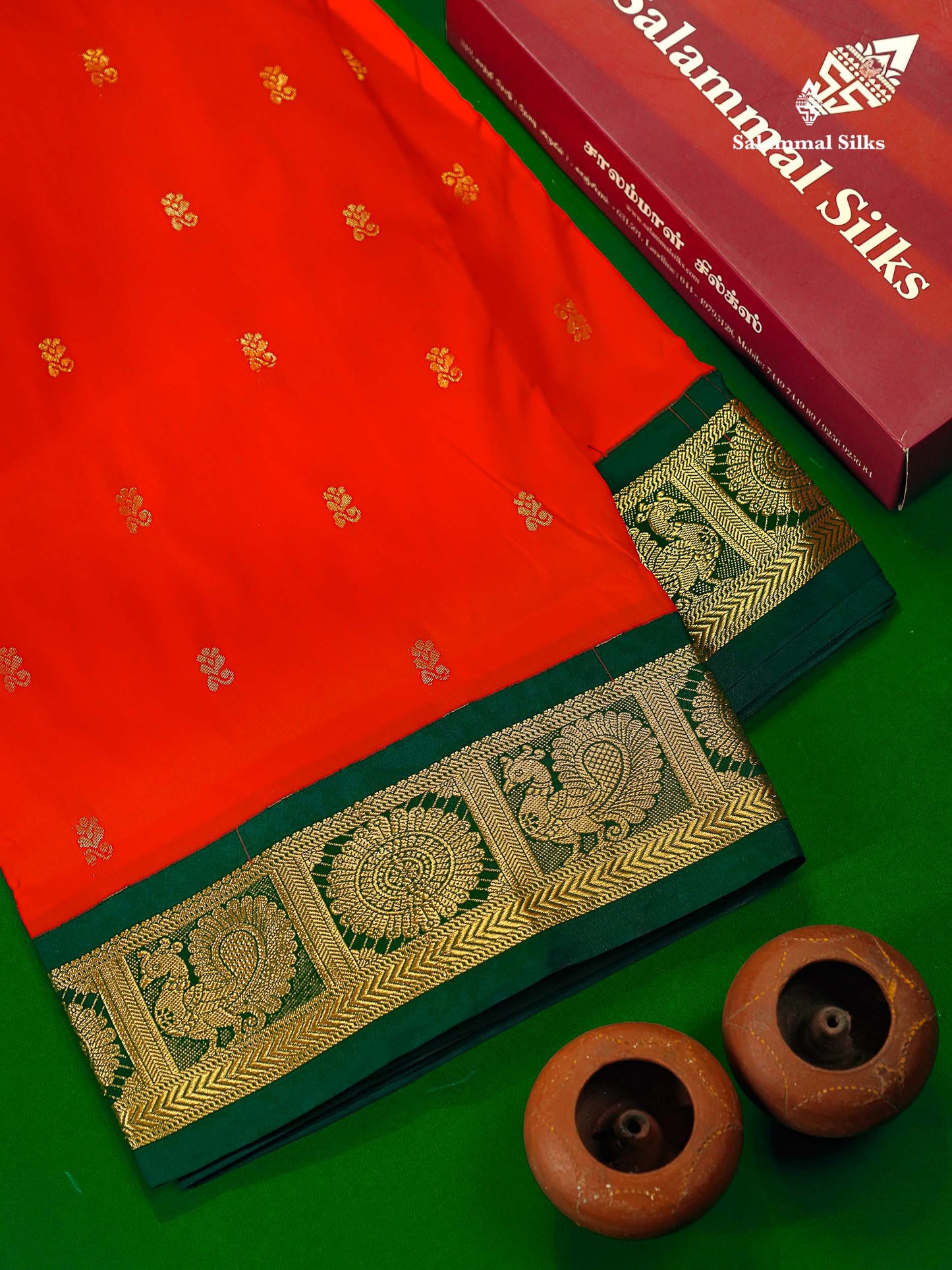 Semi Silk Saree - Chilly Red Colour Body Zari Butta With Contrast Bottle Green Traditional Border | 10.5 Yards