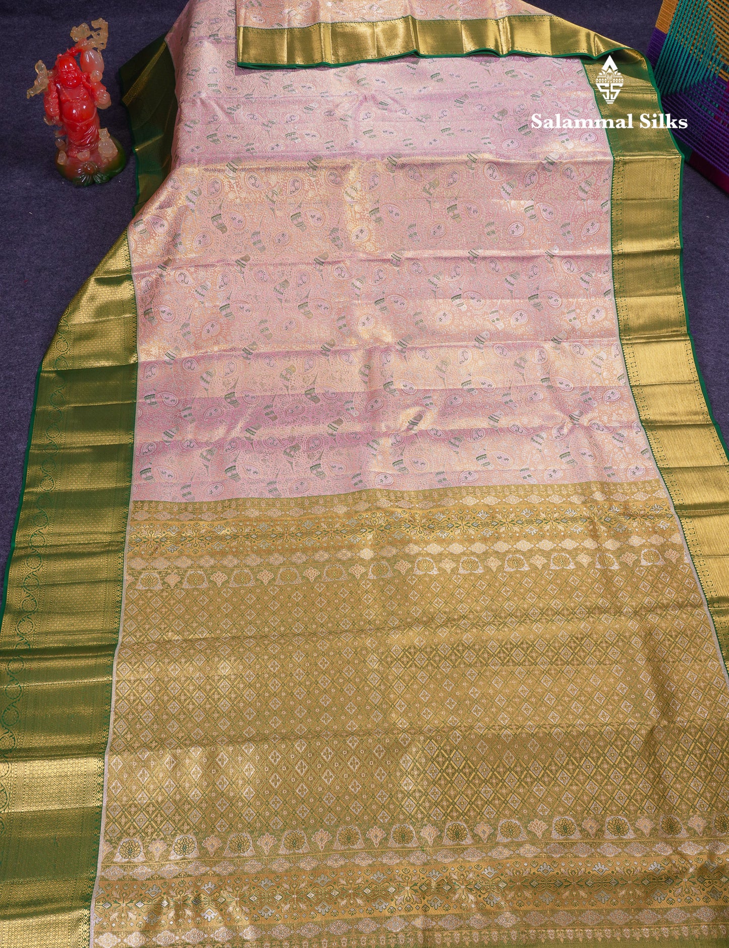 Beautiful Peach Tissue Menakari Work Bridal Pure Kanjivaram Silk Saree With Contrast Bottle Green Traditional Evening Morning Border