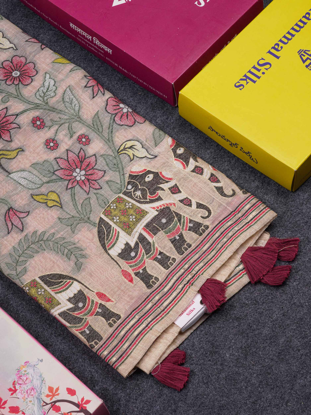 Beautiful Cream Sandal Thread Work Buttas Muga Cotton Saree With Contrast Red Blouse