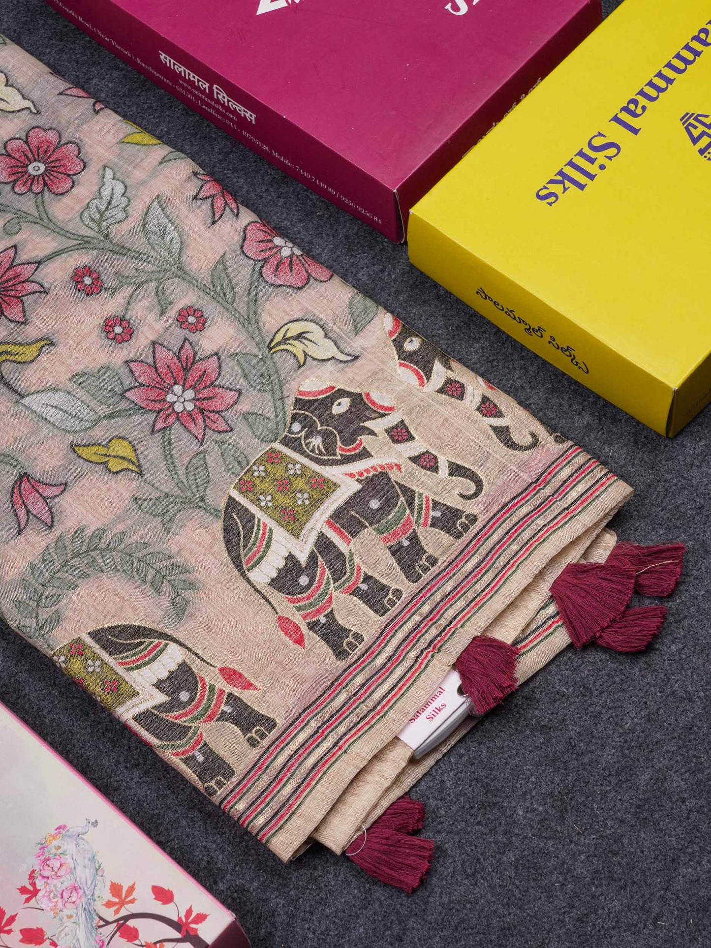 Beautiful Cream Sandal Thread Work Buttas Muga Cotton Saree With Contrast Red Blouse