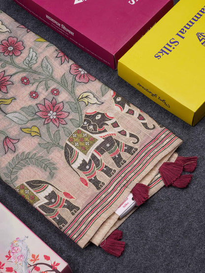 Beautiful Cream Sandal Thread Work Buttas Muga Cotton Saree With Contrast Red Blouse