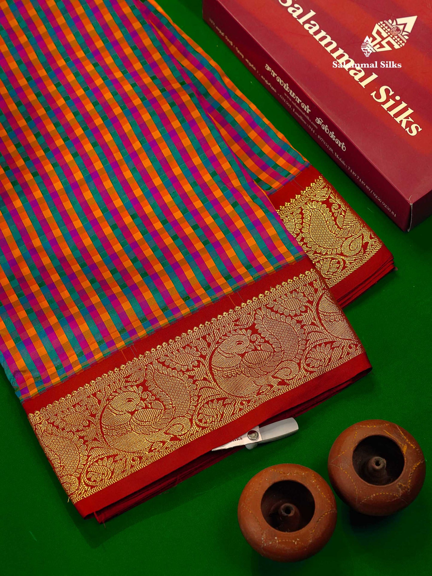 10.5 Yards Semi Silk Saree Paalum Pazham Checks With Contrast Maroon Traditional Border