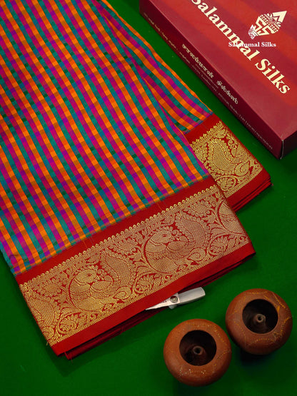 10.5 Yards Semi Silk Saree Paalum Pazham Checks With Contrast Maroon Traditional Border