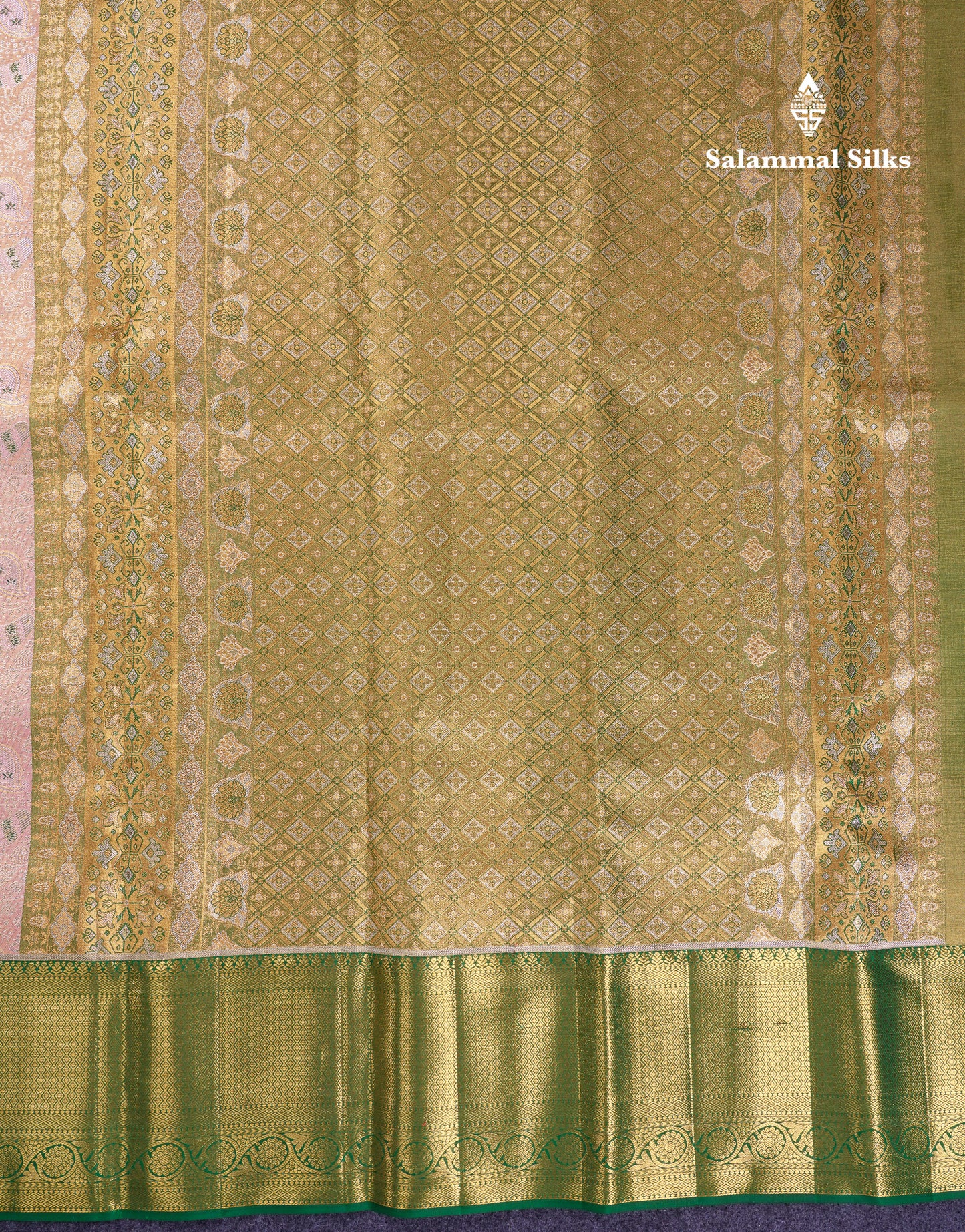 Beautiful Peach Tissue Menakari Work Bridal Pure Kanjivaram Silk Saree With Contrast Bottle Green Traditional Evening Morning Border