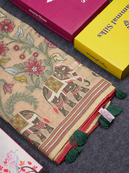 Beautiful Cream Sandal Thread Work Buttas Muga Cotton Saree With Contrast Red Blouse