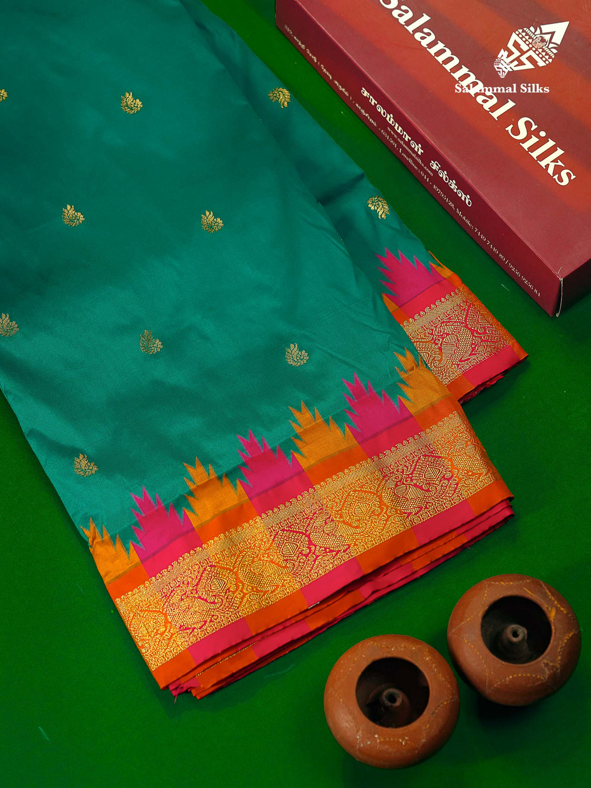 9 Yards Semi Silk Saree Orange With Contrast Green Traditional Temple Border