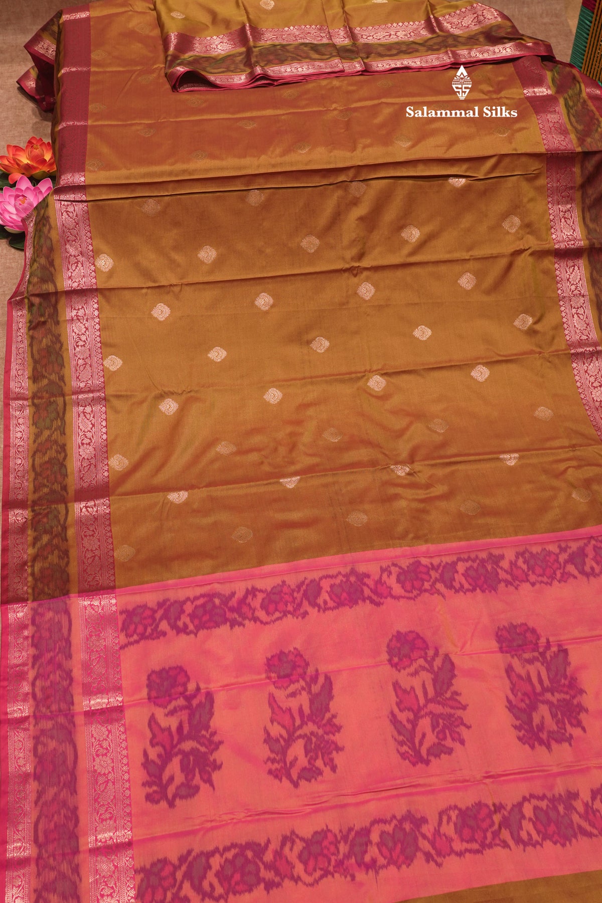 Olive Mustard Yellow Colour Semi Silk Saree With Pochampally Border