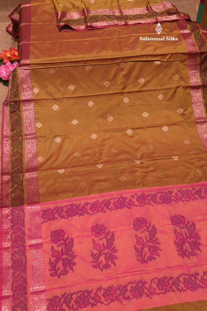 Olive Mustard Yellow Colour Semi Silk Saree With Pochampally Border