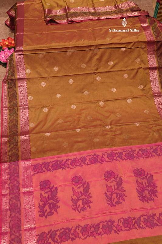 Olive Mustard Yellow Colour Semi Silk Saree With Pochampally Border
