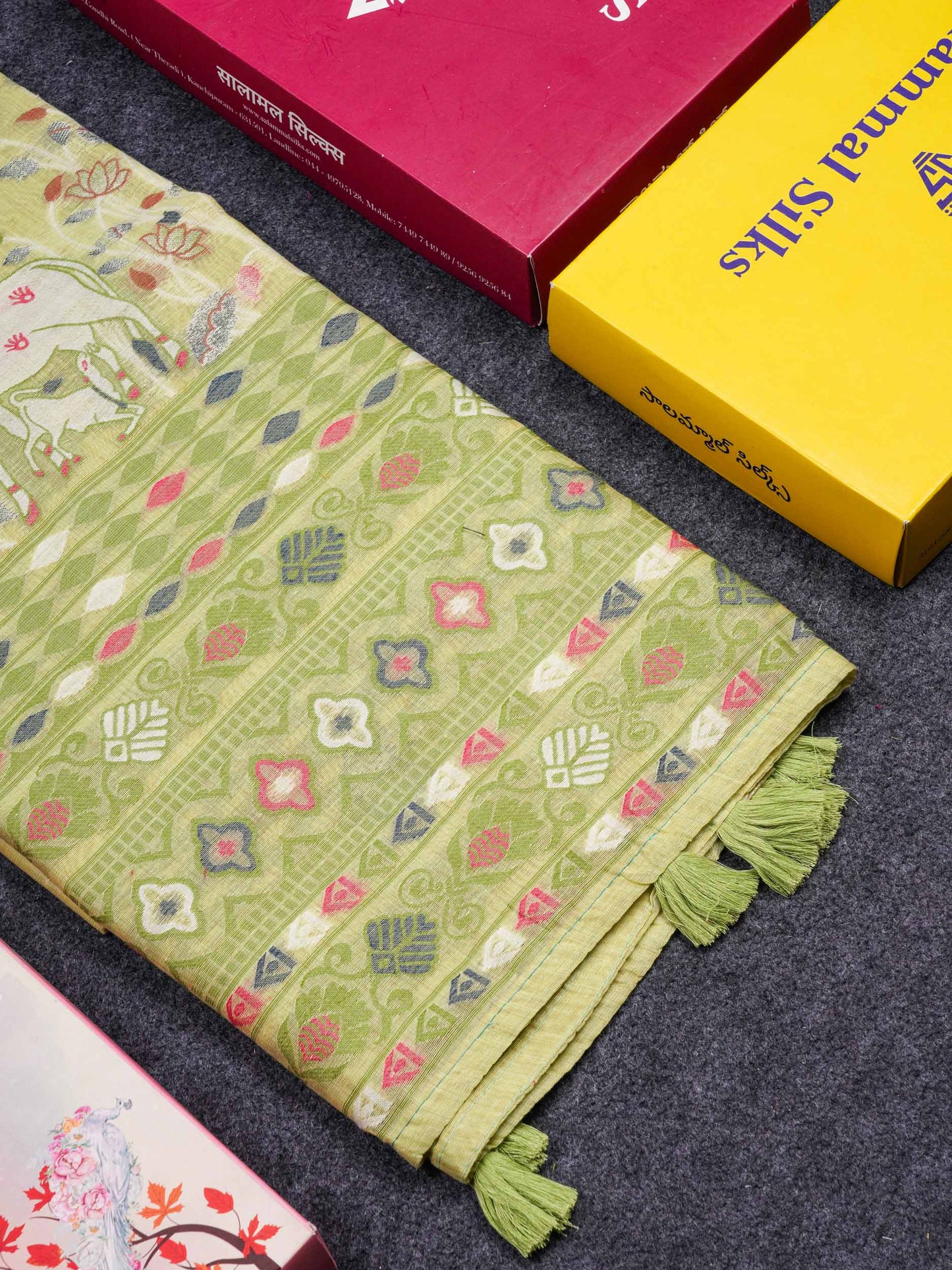 Beautiful Baby Pink Thread Work Buttas Muga Cotton Saree With Small Ribbon Border
