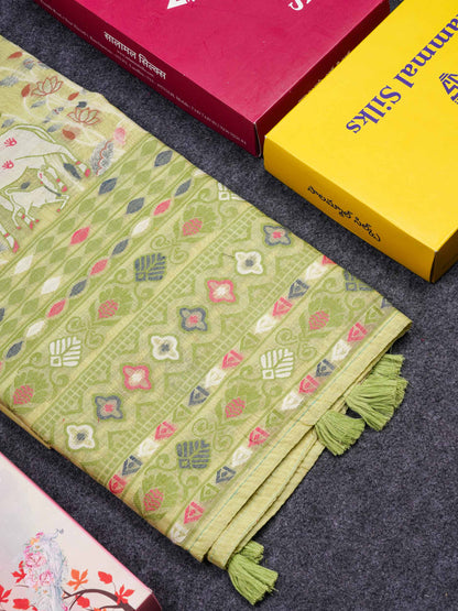 Beautiful Baby Pink Thread Work Buttas Muga Cotton Saree With Small Ribbon Border