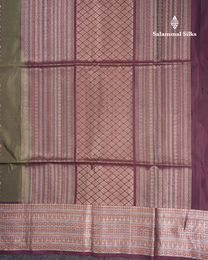 Beautiful Olive Green Pure Kanjivaram Soft Silk Saree With Contrast Dark Magenta Border