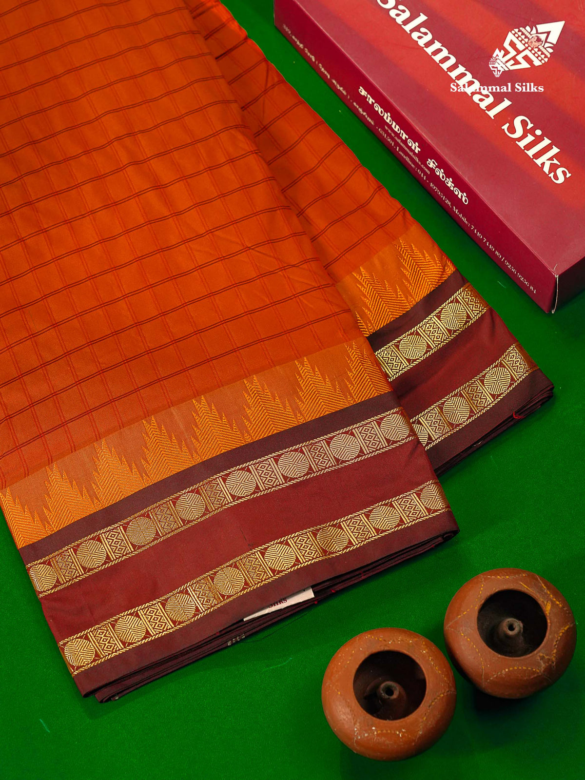 Semi Silk Saree - Rust Orange Colour Body Checks With Contrast Dark Maroon Traditional Gap & Temple Border | 9 Yards