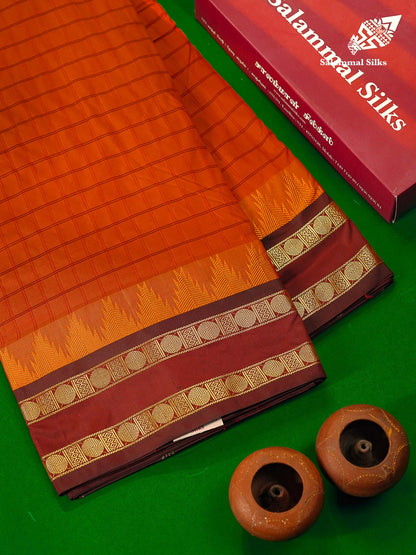 Semi Silk Saree - Rust Orange Colour Body Checks With Contrast Dark Maroon Traditional Gap & Temple Border | 9 Yards