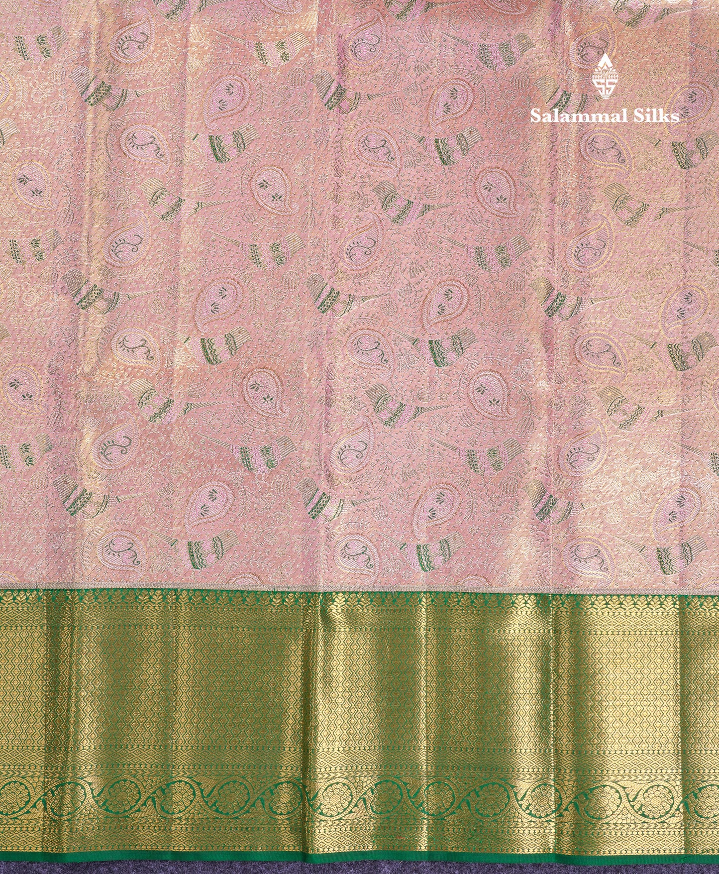 Beautiful Peach Tissue Menakari Work Bridal Pure Kanjivaram Silk Saree With Contrast Bottle Green Traditional Evening Morning Border