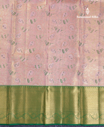 Beautiful Peach Tissue Menakari Work Bridal Pure Kanjivaram Silk Saree With Contrast Bottle Green Traditional Evening Morning Border