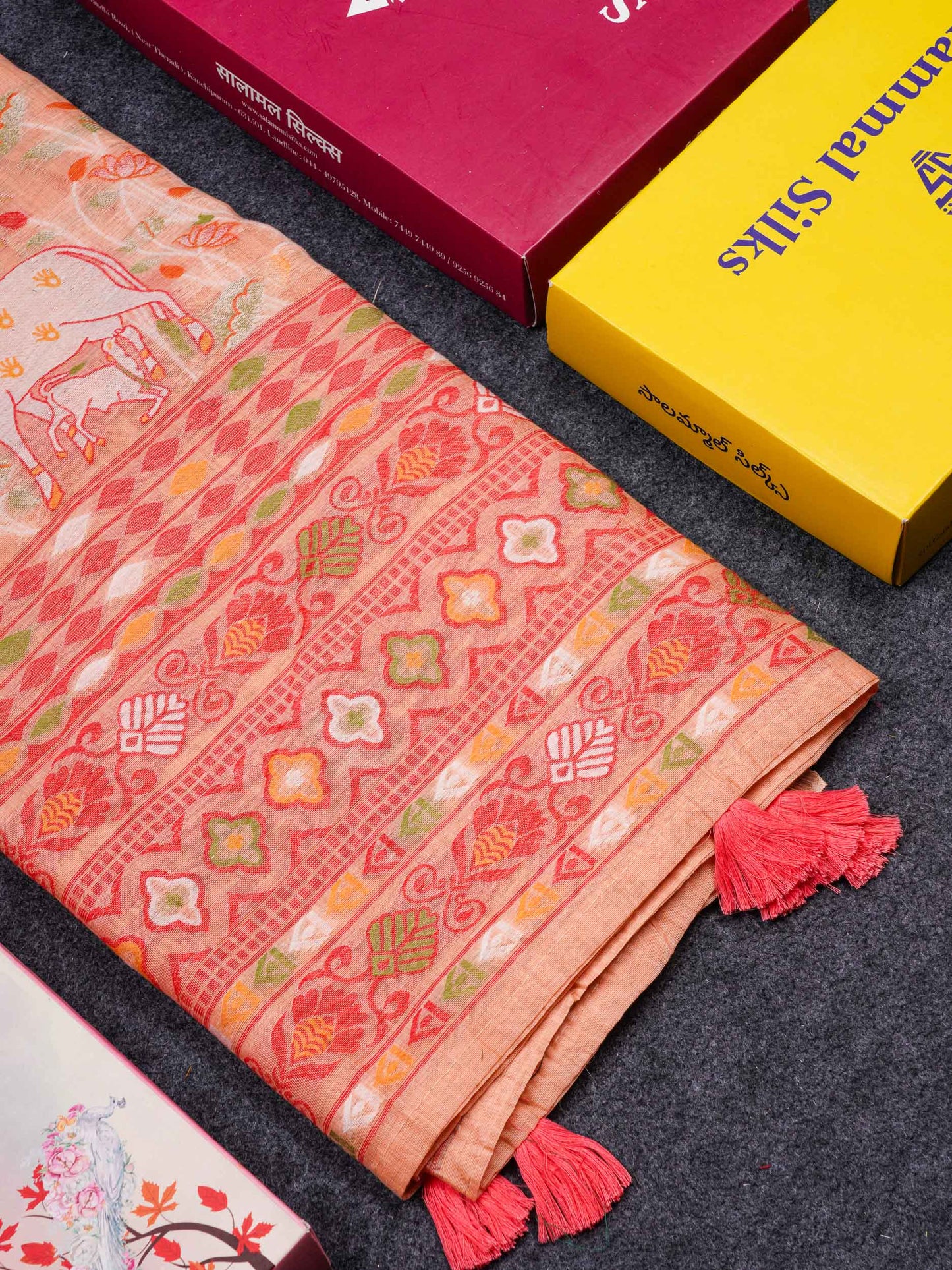 Beautiful Baby Pink Thread Work Buttas Muga Cotton Saree With Small Ribbon Border