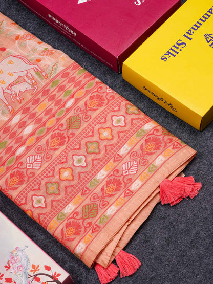 Beautiful Baby Pink Thread Work Buttas Muga Cotton Saree With Small Ribbon Border