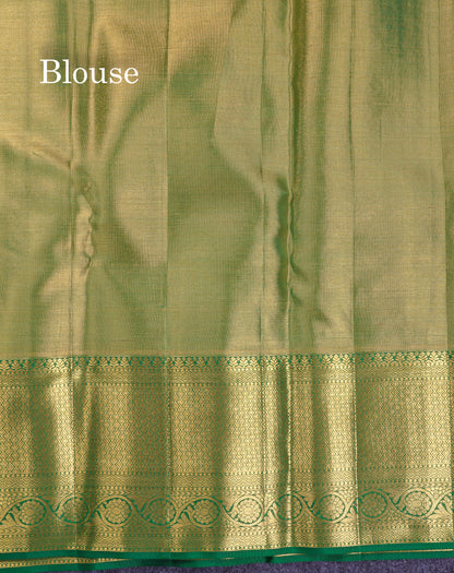 Beautiful Peach Tissue Menakari Work Bridal Pure Kanjivaram Silk Saree With Contrast Bottle Green Traditional Evening Morning Border