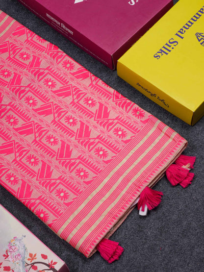 Beautiful Cream Sandal Thread Work & Zari Buttas Muga Cotton Saree With Contrast Pink Fancy Border
