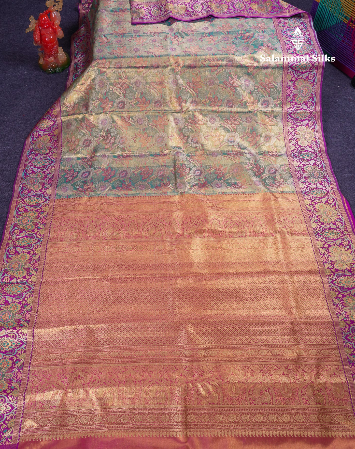 Beautiful Sapphire Green Tissue Meenakari Work Bridal Pure Kanjivaram Silk Saree With Contrast Vadamalli Fancy Border