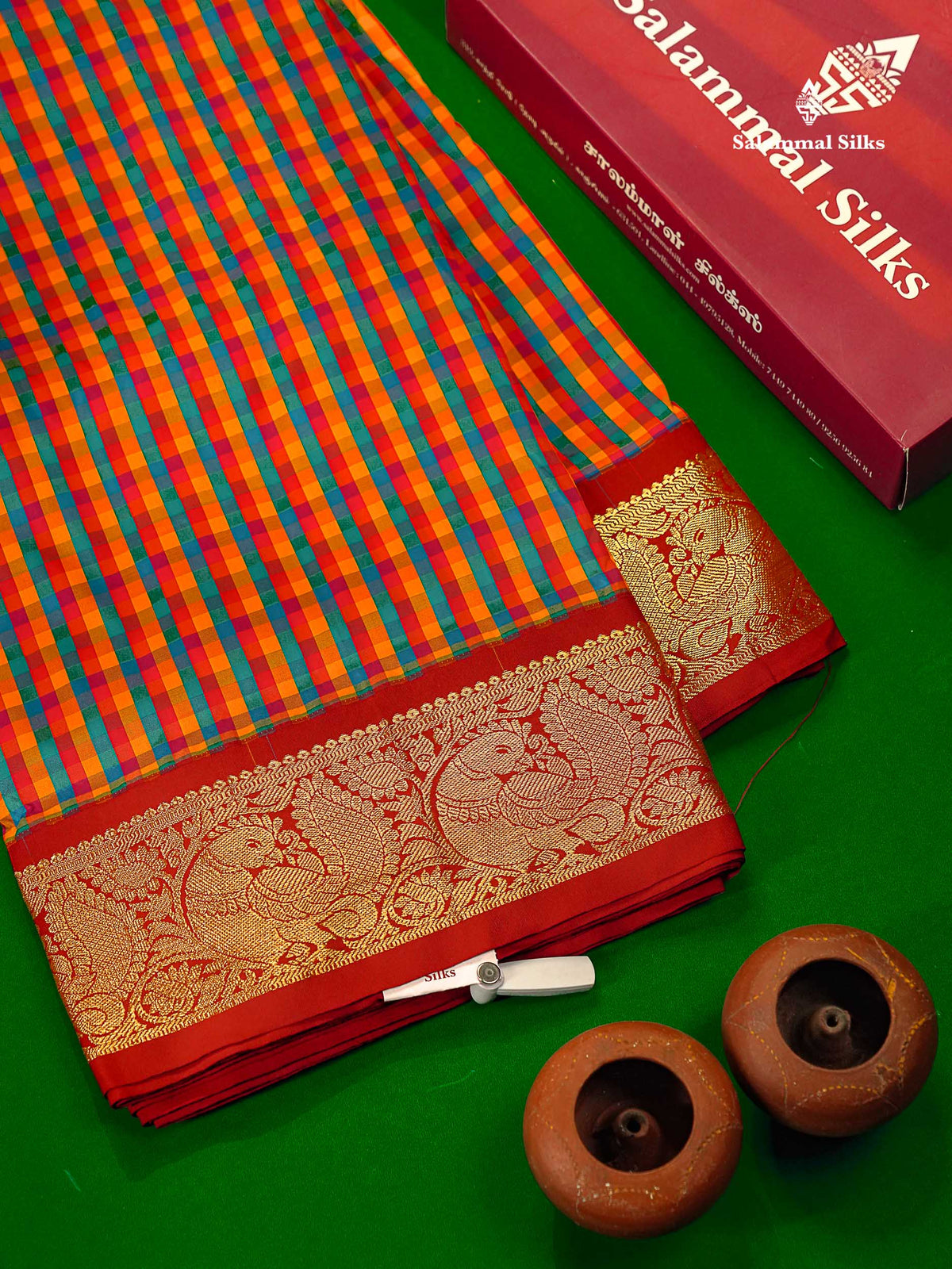 10.5 Yards Semi Silk Saree Paalum Pazham Checks With Contrast Maroon Traditional Border