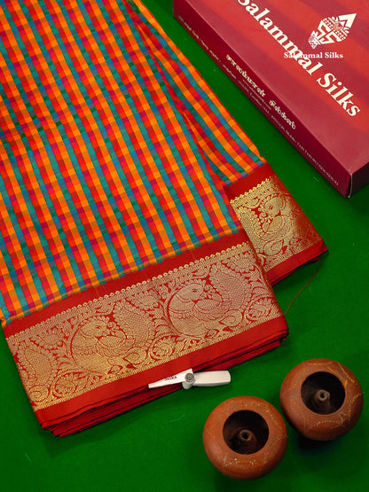10.5 Yards Semi Silk Saree Paalum Pazham Checks With Contrast Maroon Traditional Border