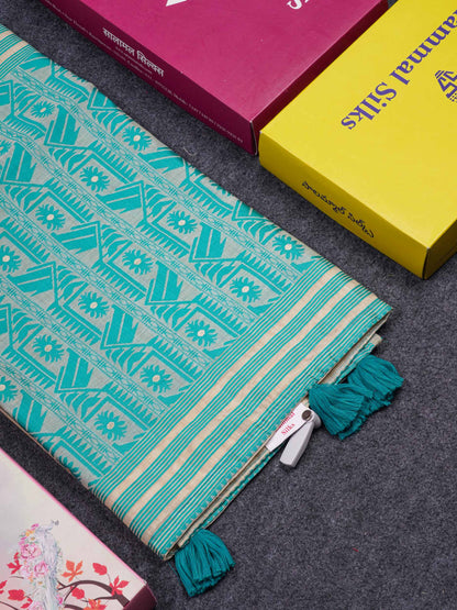 Beautiful Cream Sandal Thread Work & Zari Buttas Muga Cotton Saree With Contrast Pink Fancy Border