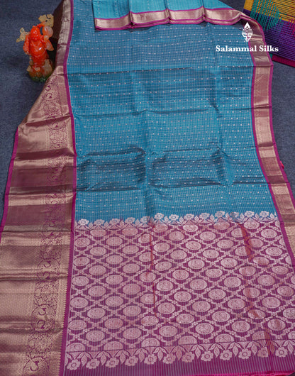 Ramar Blue Small Checks Pure Mix Silk Saree With Contrast Magenta Long Border