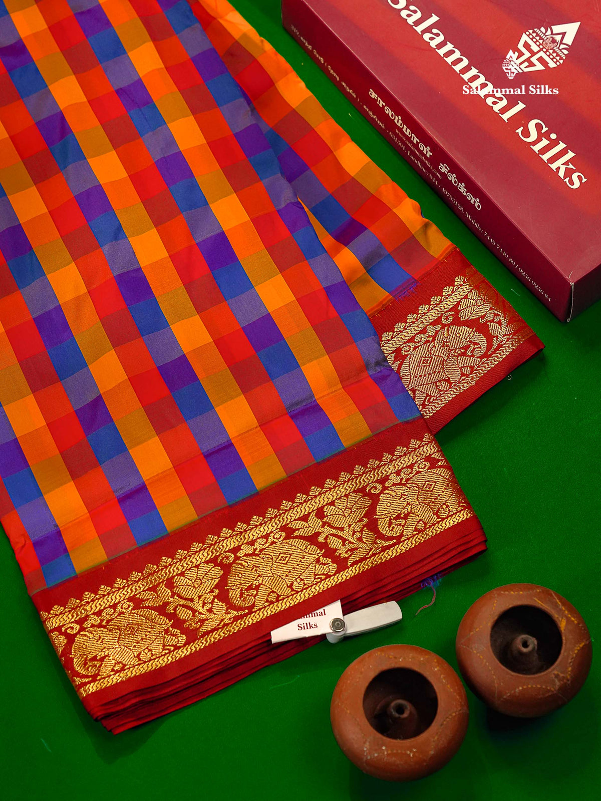Semi Silk Saree - Multicolour Body Checks With Contrast Maroon Traditional Border | 10 Yards